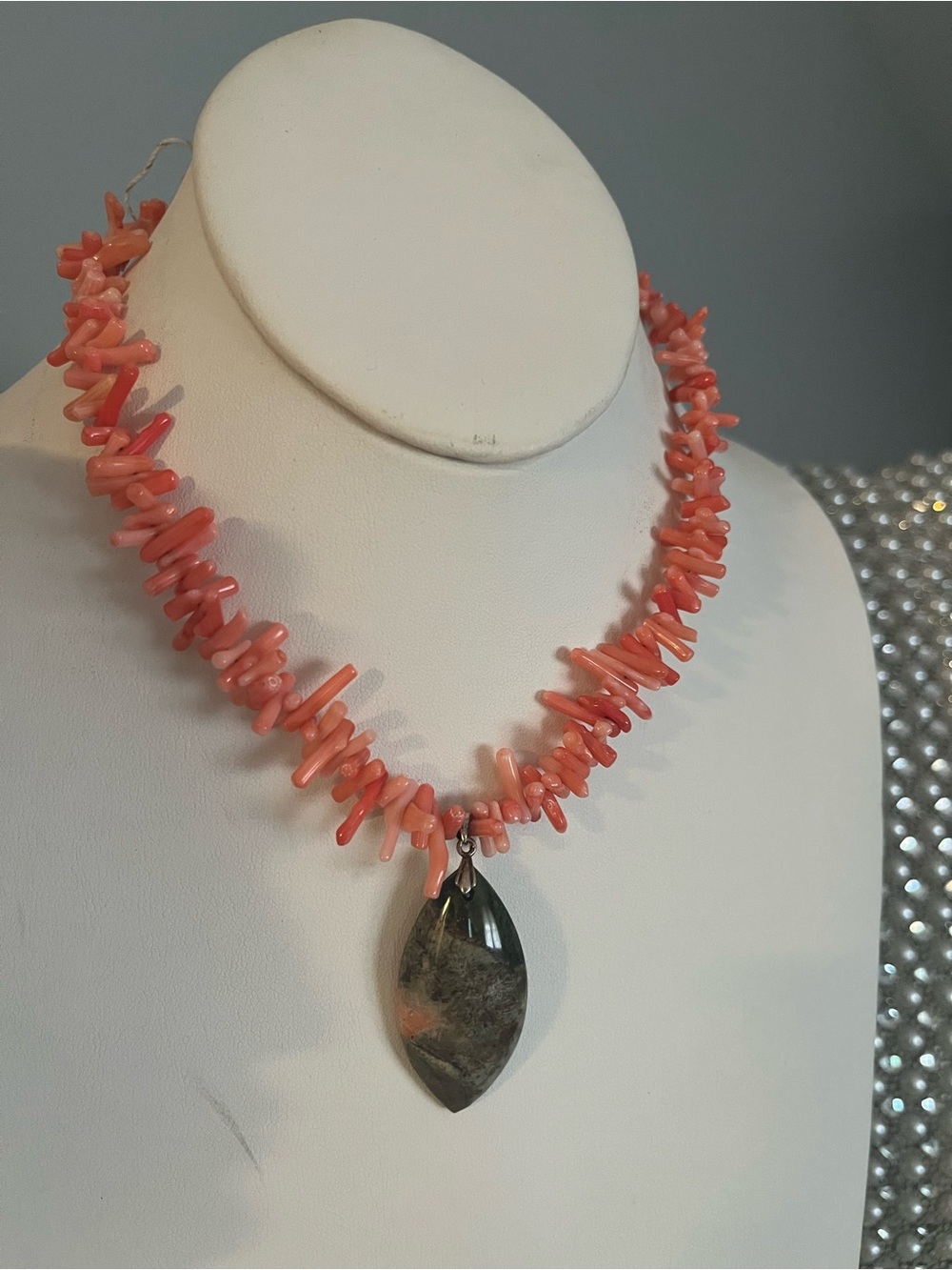 Coral and Natural Stone Necklace with Marquise Pendant - Women Jewelry